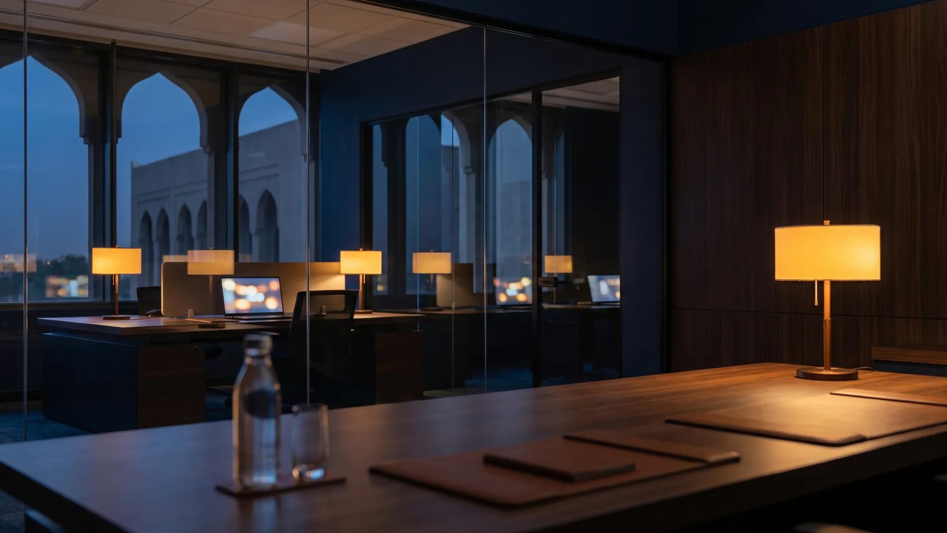 Modern Saudi finance office interior with accounting dashboards glowing on laptops at dusk