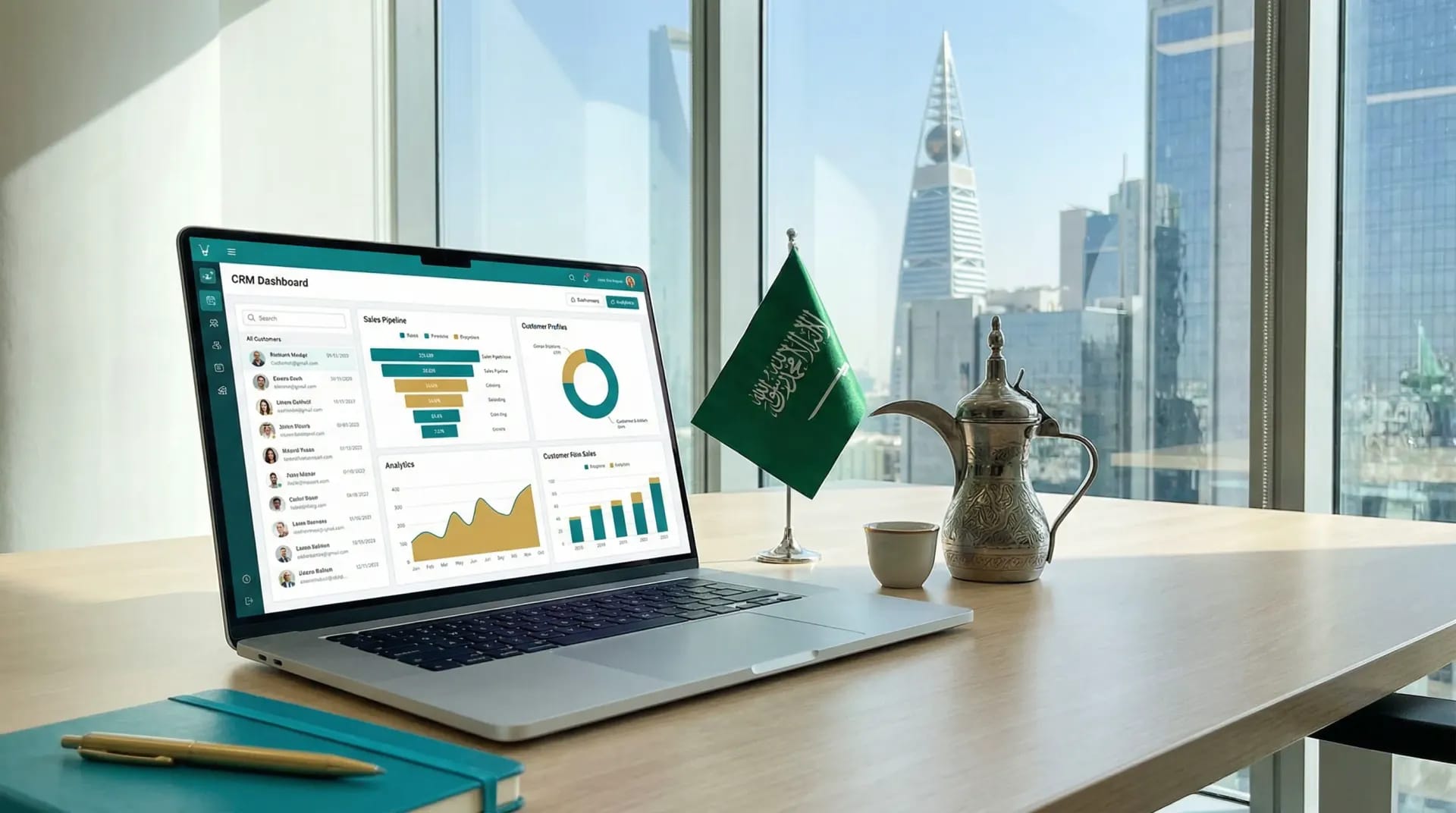 Collage of CRM software dashboards displayed on laptops with a Saudi Arabia cityscape background