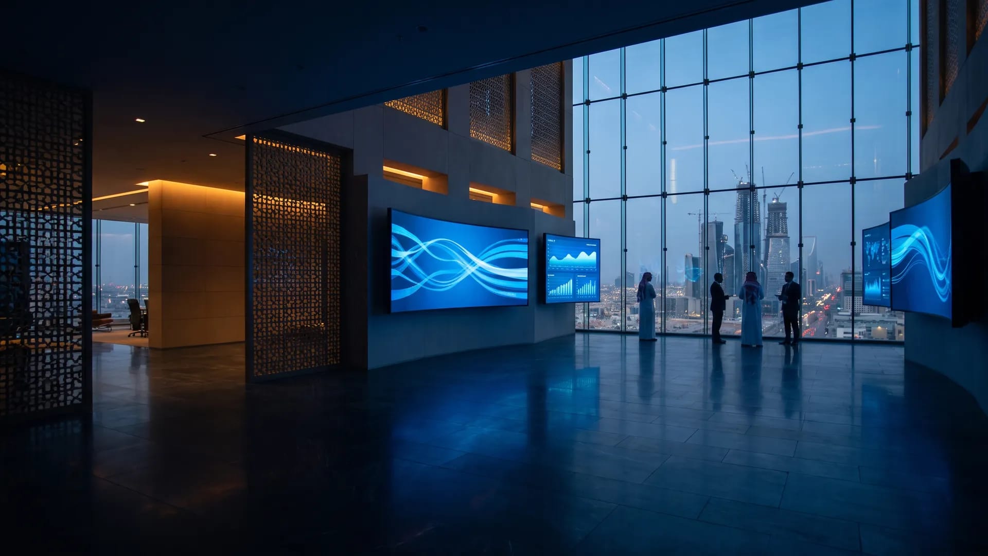 Executive operations floor in a Riyadh headquarters at dusk, glowing analytics displays overlooking the city skyline