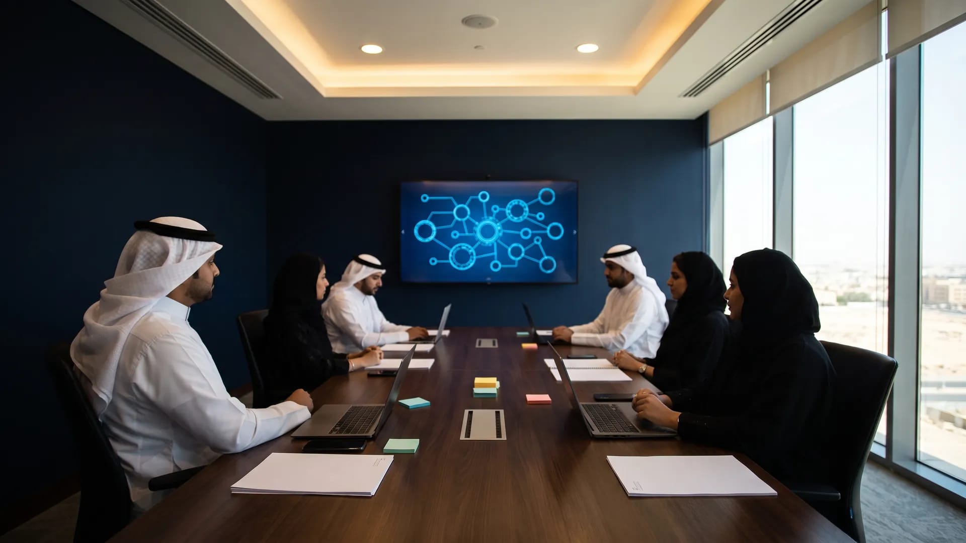 ERP implementation workshop in a Saudi boardroom with consultants reviewing a process diagram