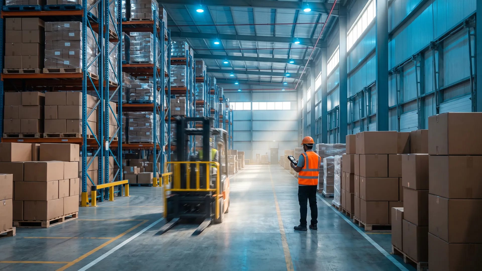Modern distribution warehouse in Saudi Arabia with racked pallets, a moving forklift and a supervisor holding a handheld scanner