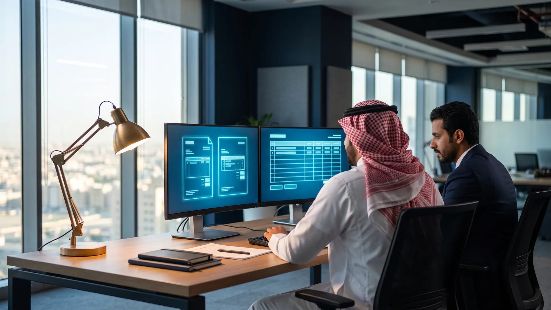Finance team in a Riyadh office reviewing electronic invoice records on dual monitors