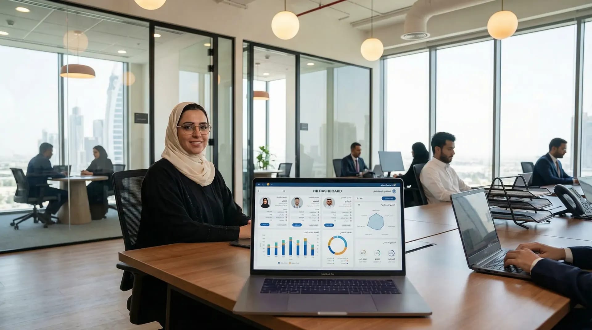 HR software dashboards displayed on screens in a modern Saudi office with Riyadh skyline in the background