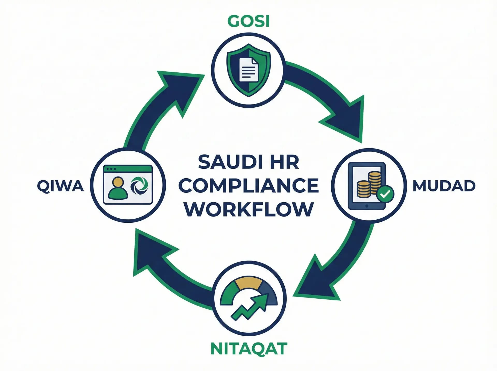 Saudi HR compliance workflow showing GOSI, Mudad, Nitaqat, and Qiwa