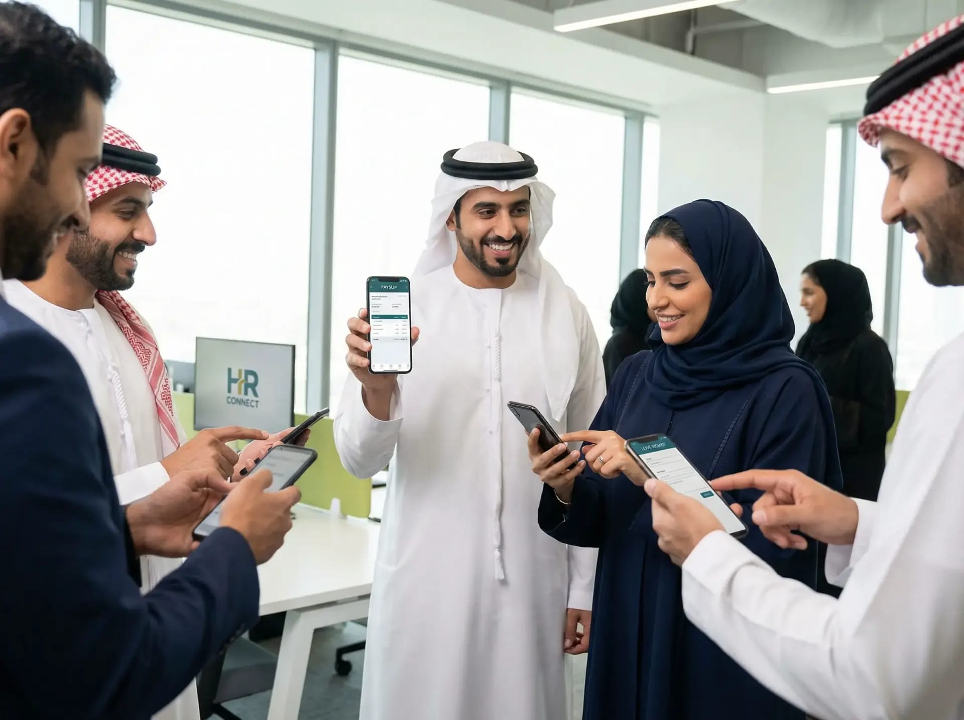 Saudi employees using HR mobile self-service app