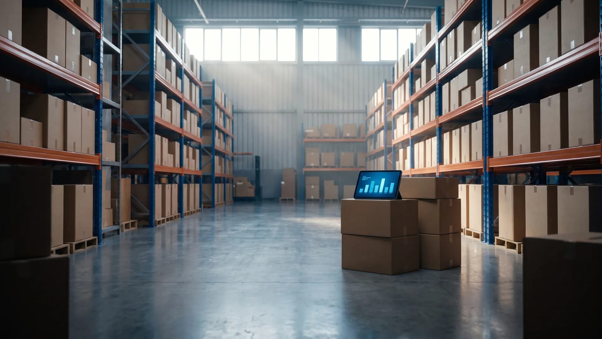 Organised warehouse aisle in Saudi Arabia with stocked pallet racking and a tablet showing an inventory dashboard