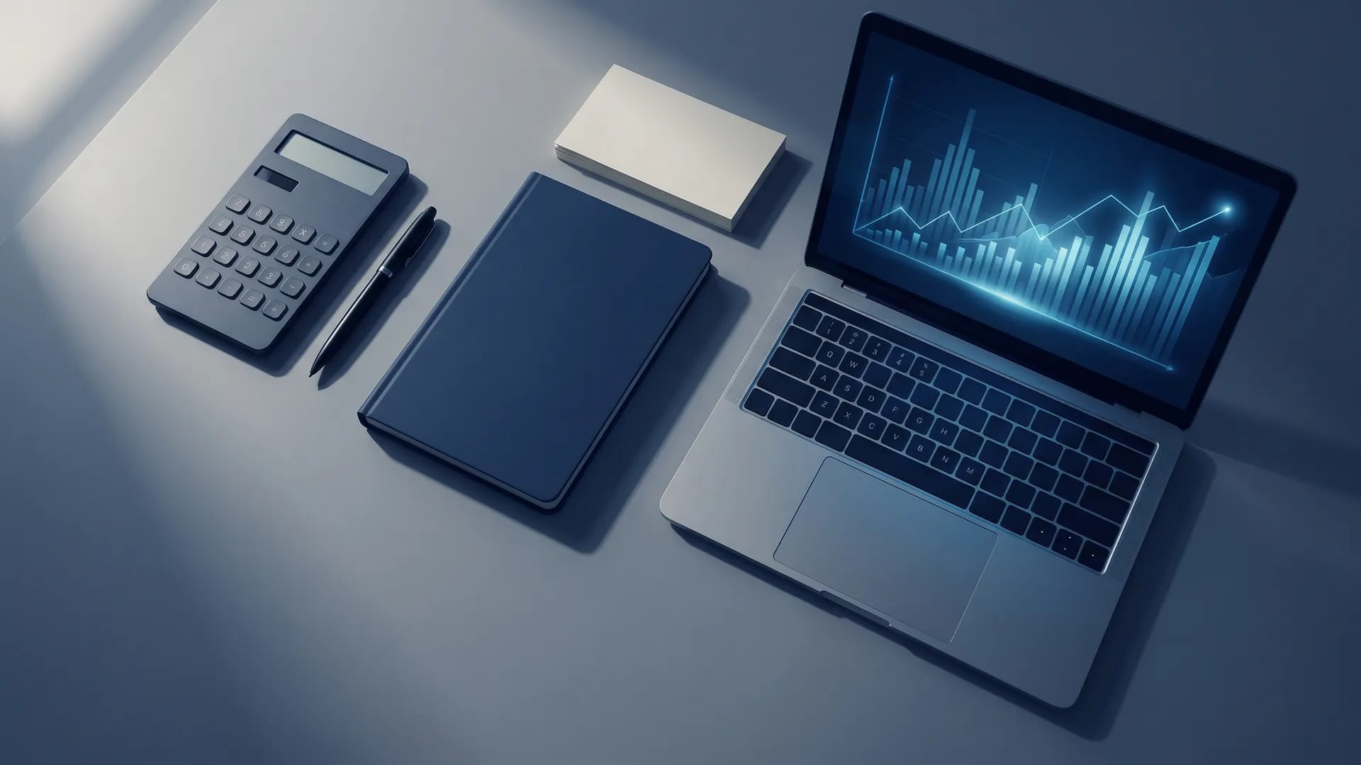 Desk flat-lay with a calculator, notebook and laptop showing a cost analysis chart