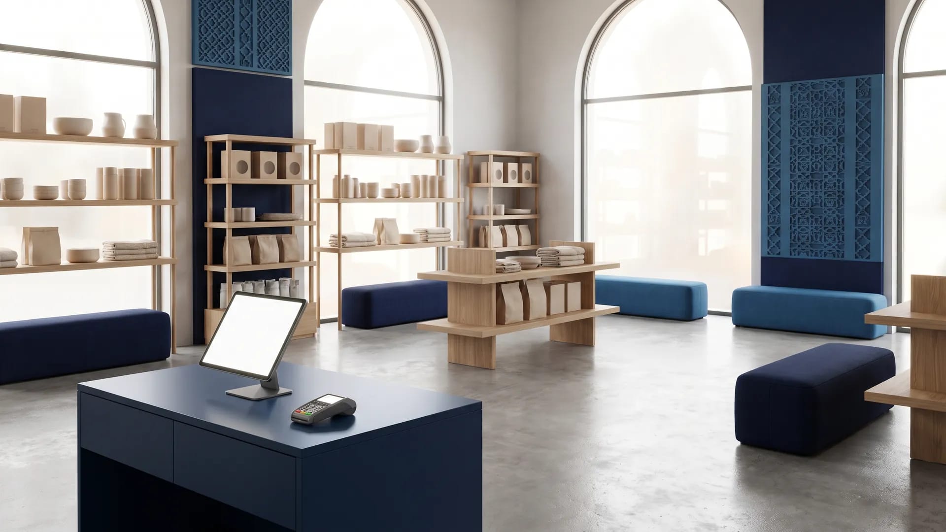 Interior of a modern Saudi retail store with a tablet checkout counter and stocked shelving