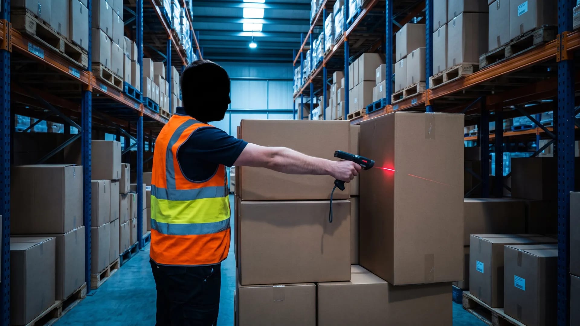 Warehouse operative scanning a boxed pallet with a handheld barcode scanner between racking aisles