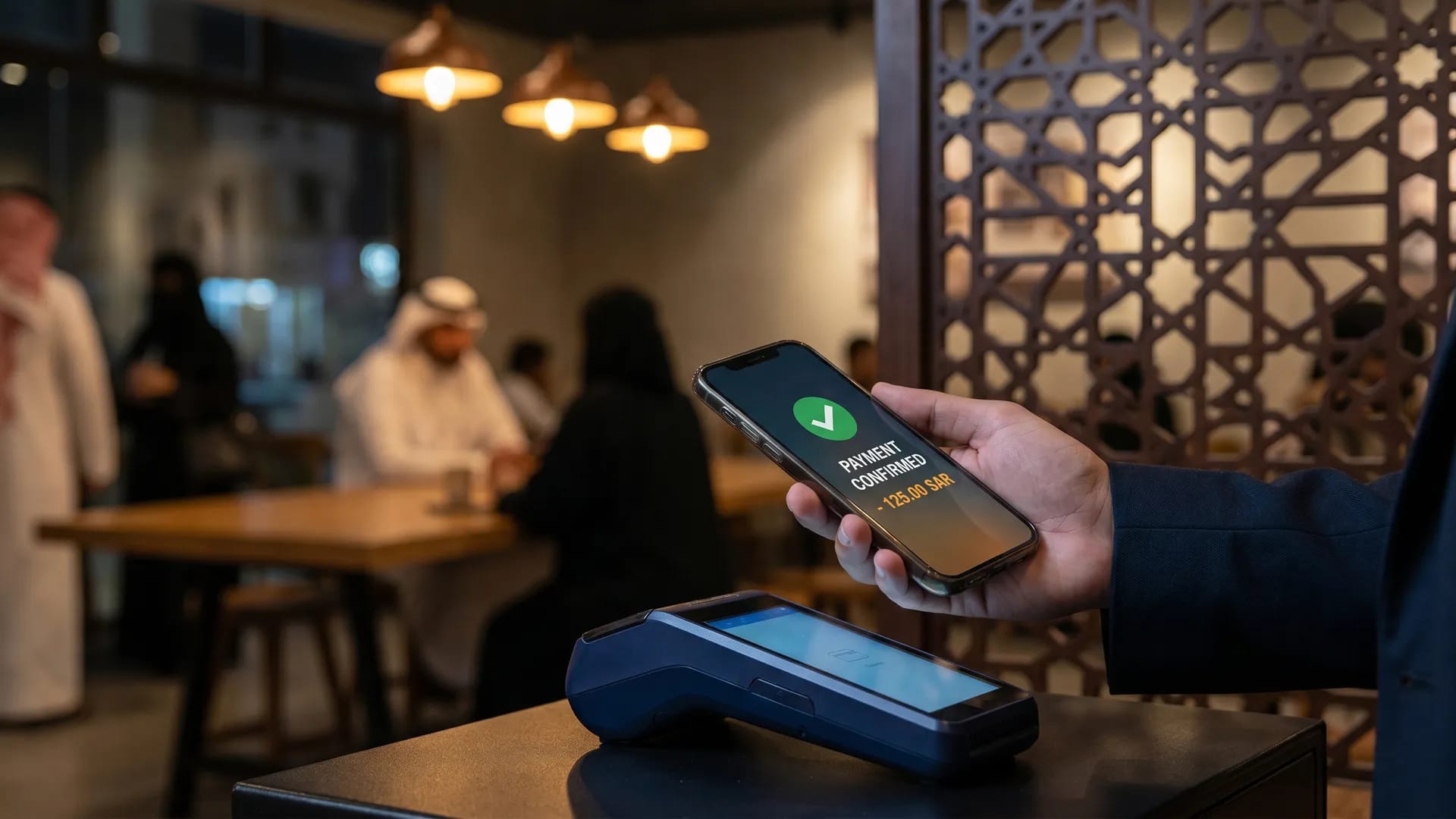 Saudi cafe point-of-sale with smartphone payment confirmation at dusk