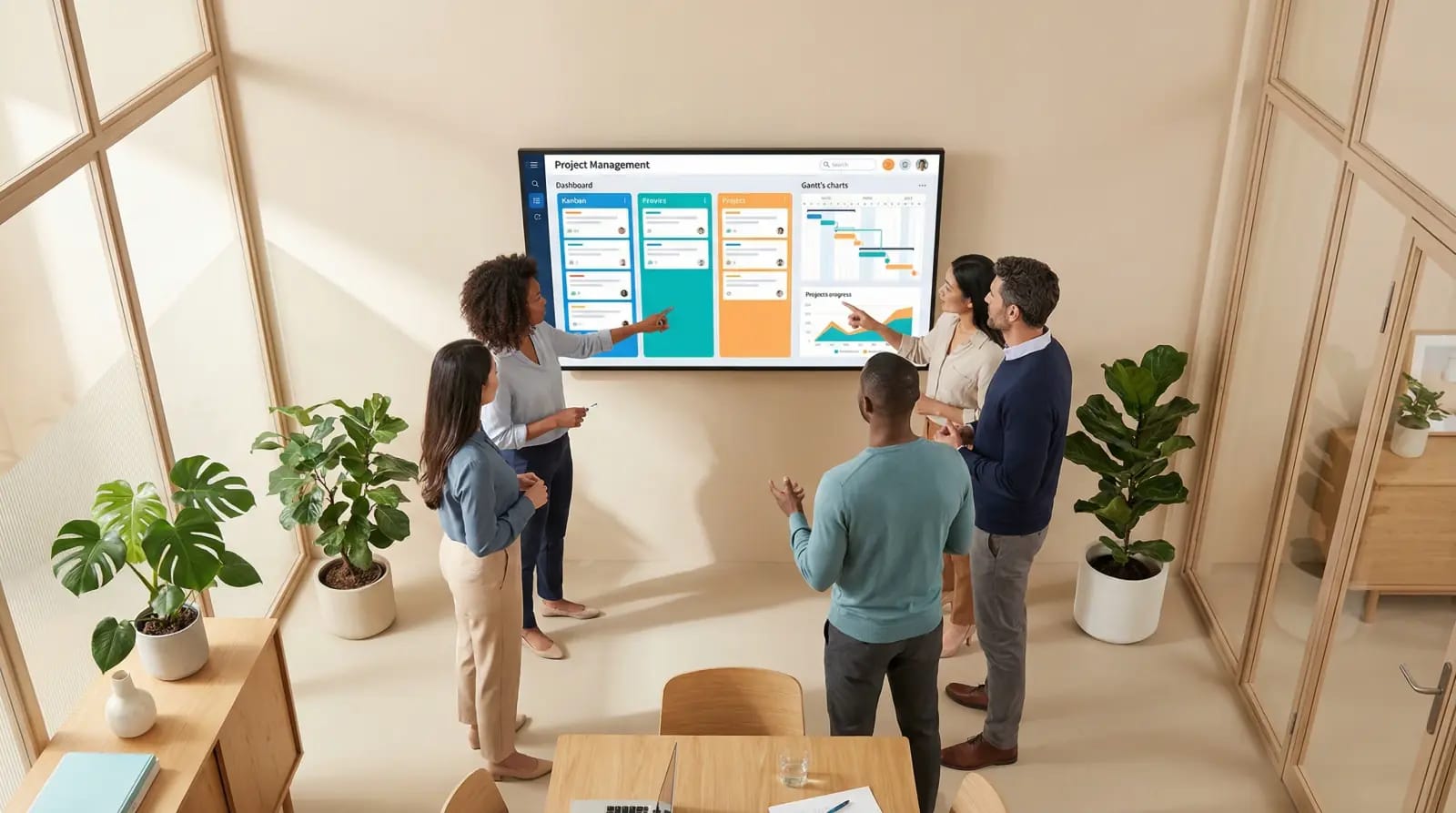 Team collaborating around a project management dashboard