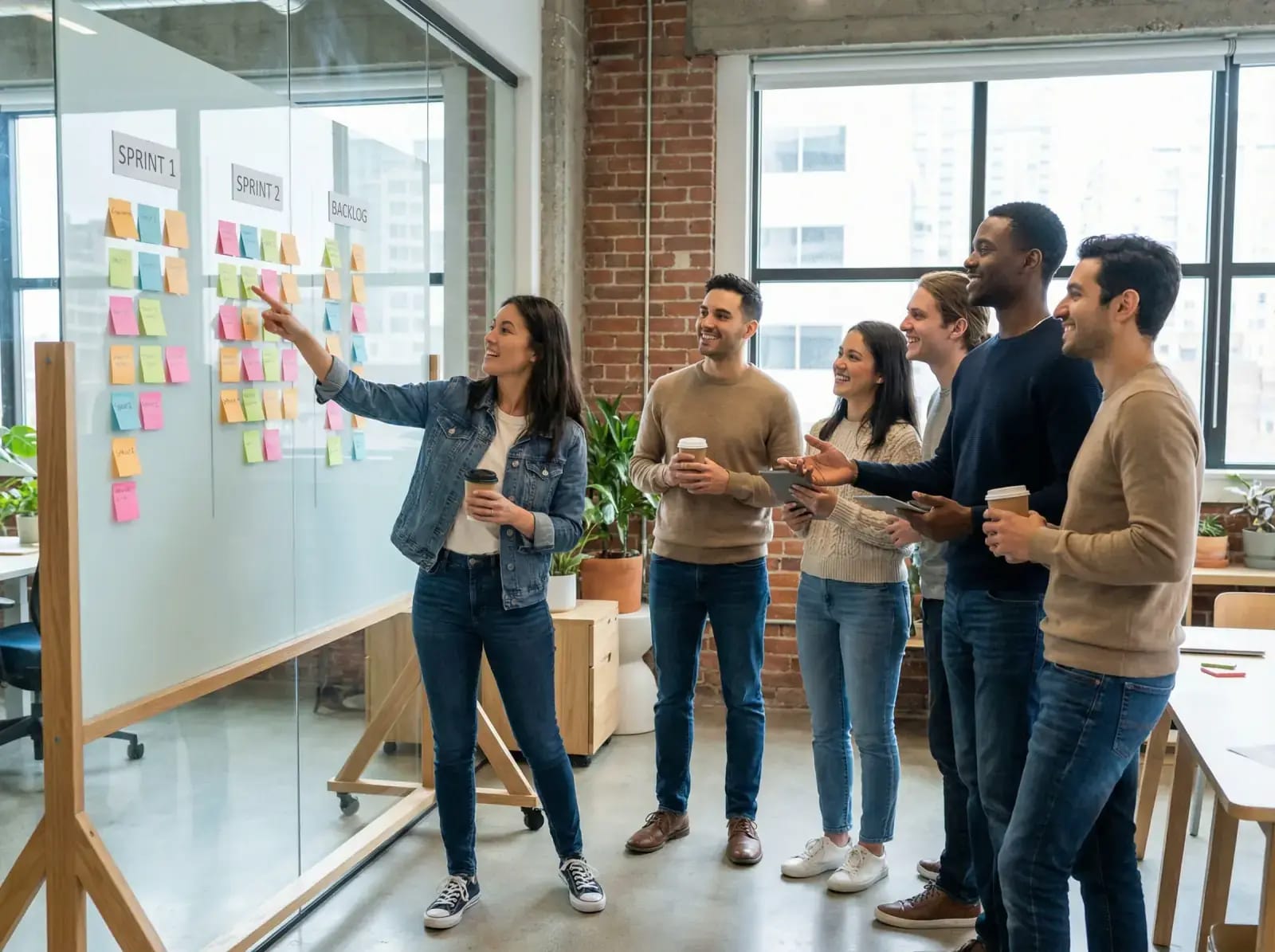 Small team doing a sprint standup with sticky notes on a glass board