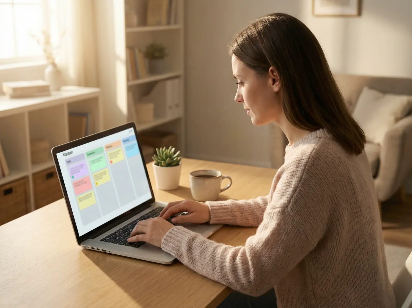 Freelancer managing tasks on a laptop with a Kanban board