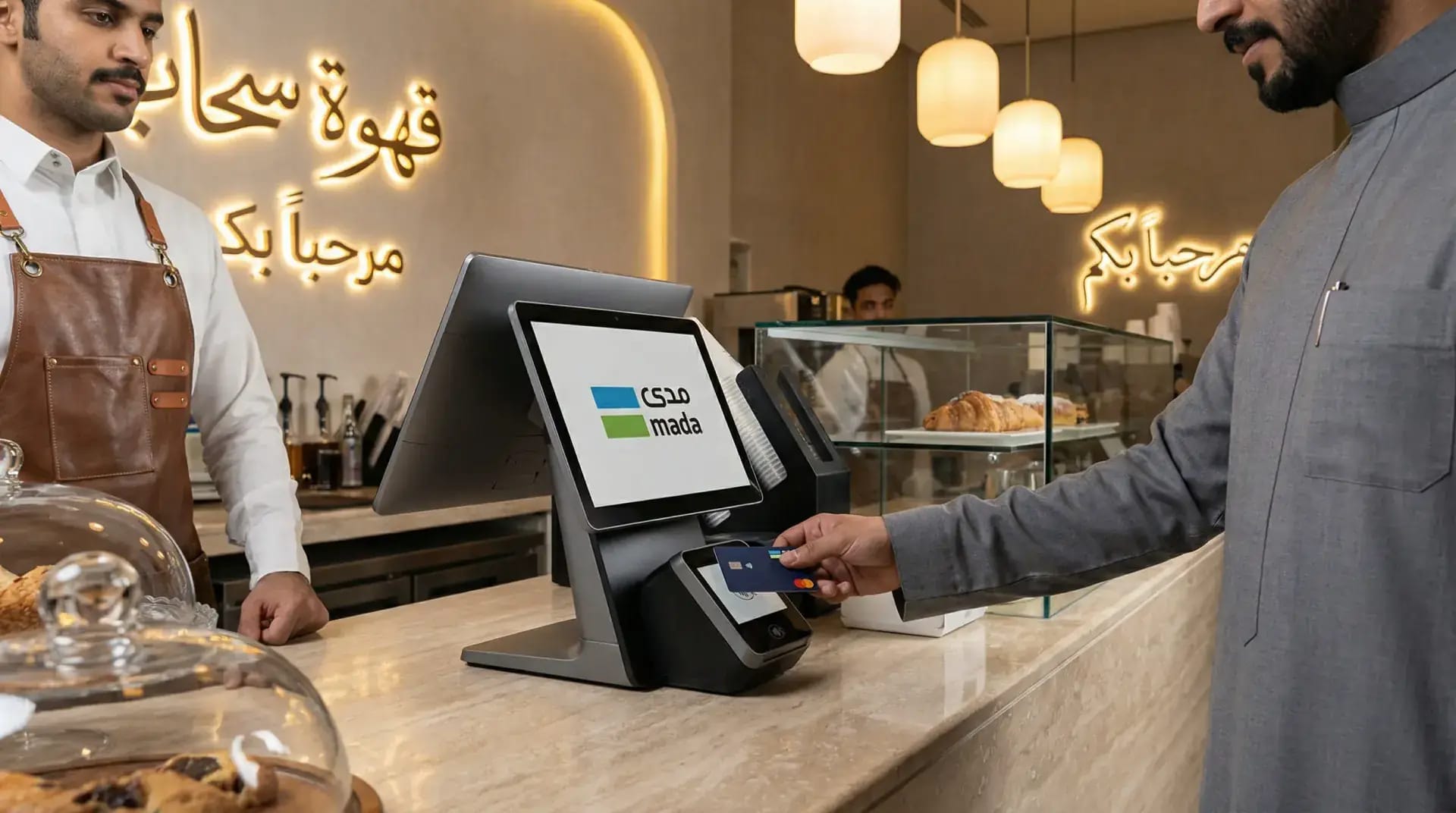 Modern POS terminal in a Saudi retail store displaying an Arabic-language interface with mada payment card reader