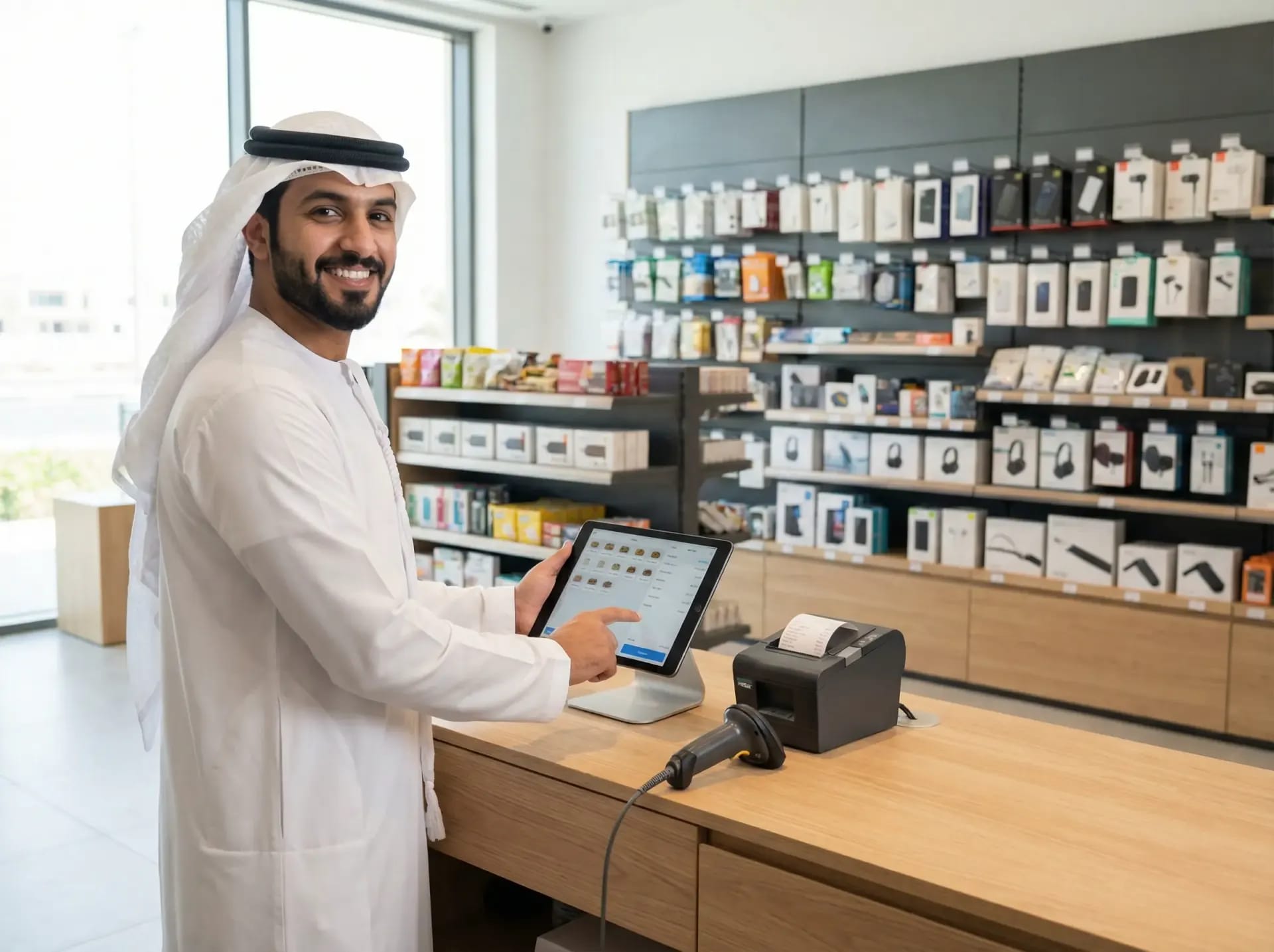 Retail store owner using a tablet-based POS system in Saudi Arabia