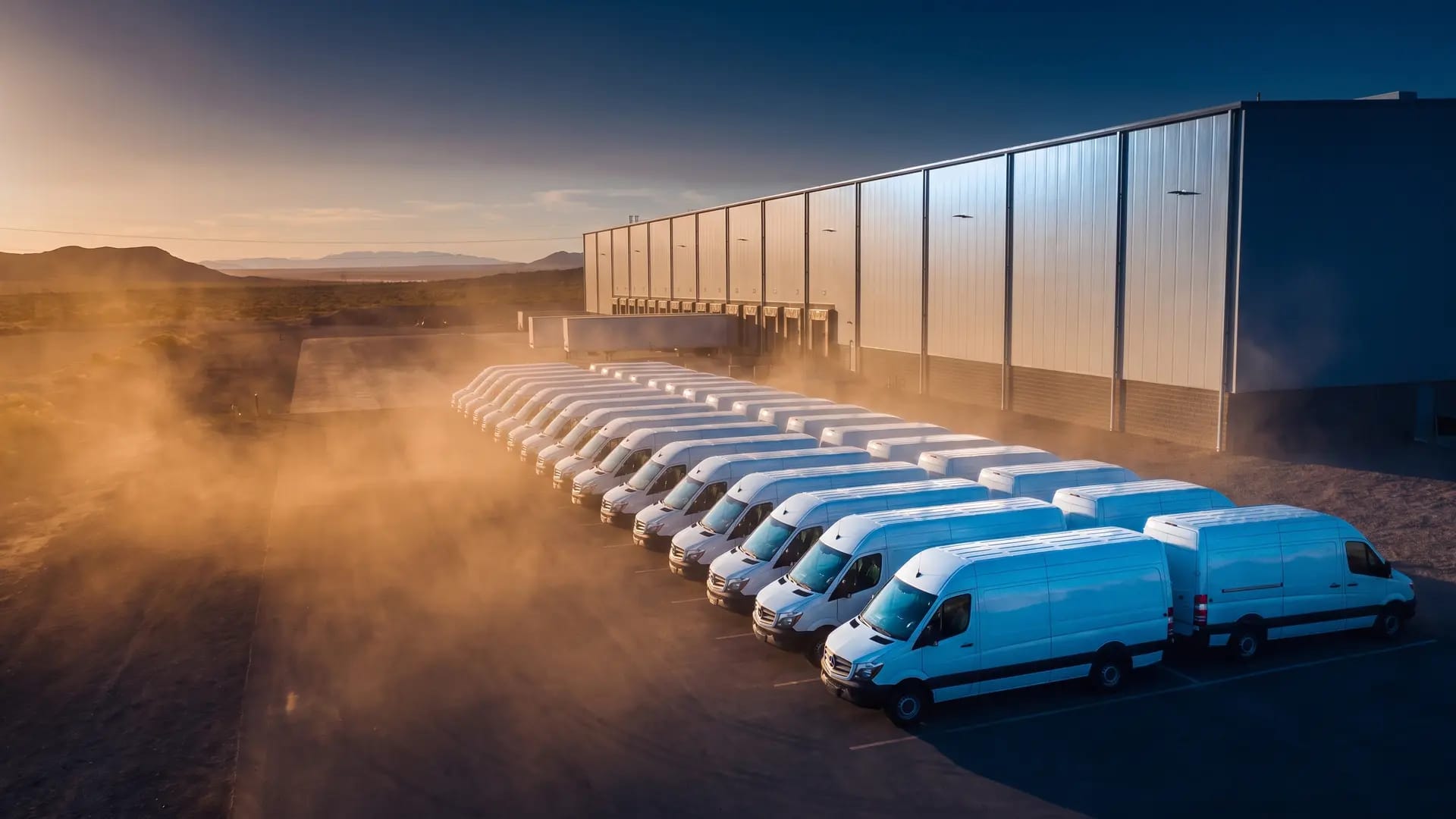 A line of unmarked white delivery vans parked outside a modern logistics warehouse in the Saudi desert at golden hour