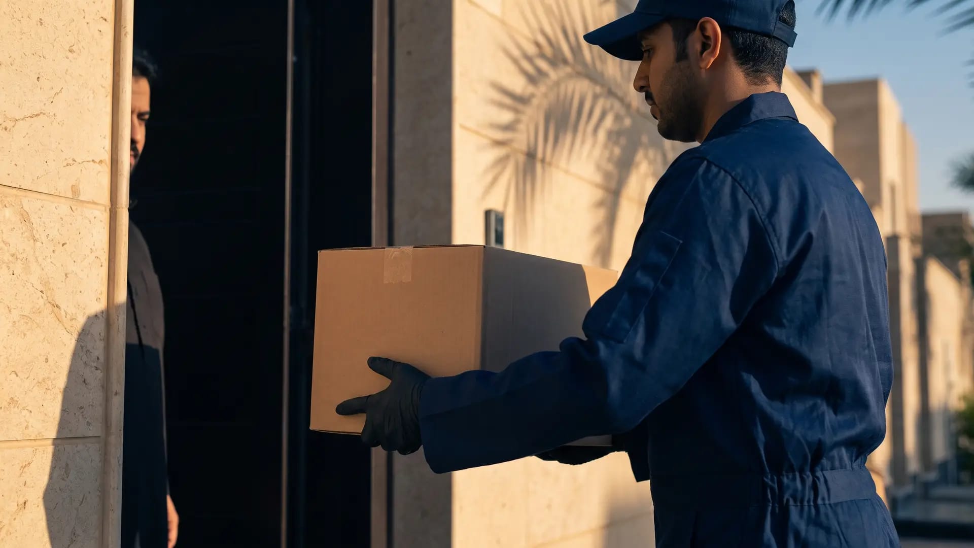 A courier in a plain navy uniform handing an unmarked cardboard parcel to a customer at the door of a modern villa in a Saudi neighbourhood