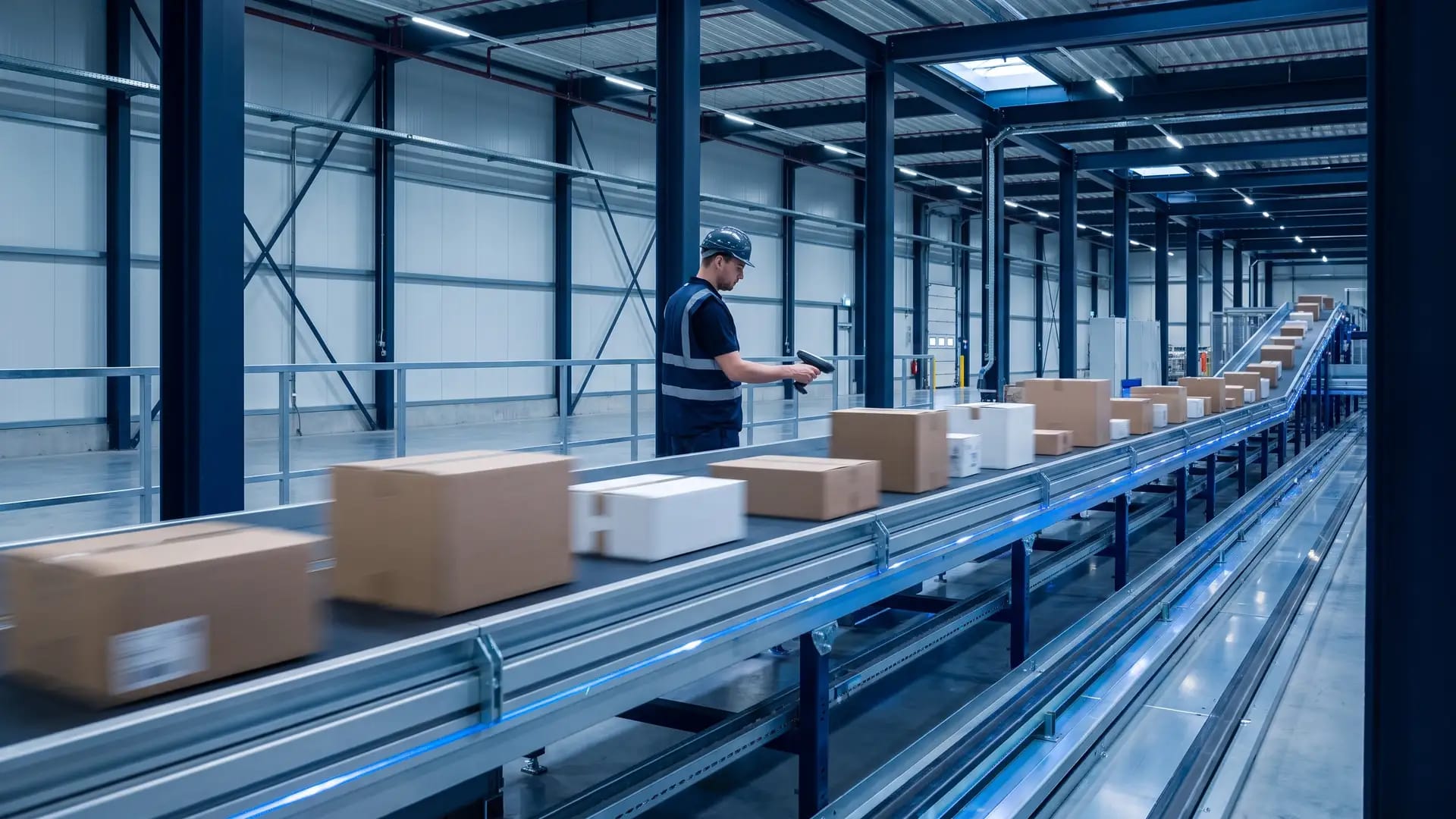 A long conveyor line carrying plain unmarked cardboard boxes through a modern steel-framed parcel sortation hall with a worker scanning in the background