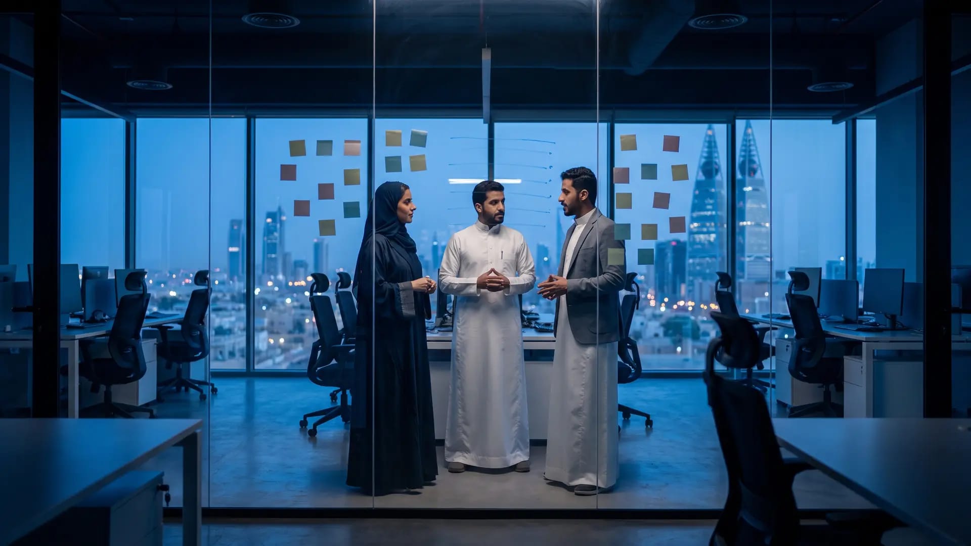 A software team standing at a glass wall covered in blank sticky notes in a Riyadh office at blue hour, city skyline behind them
