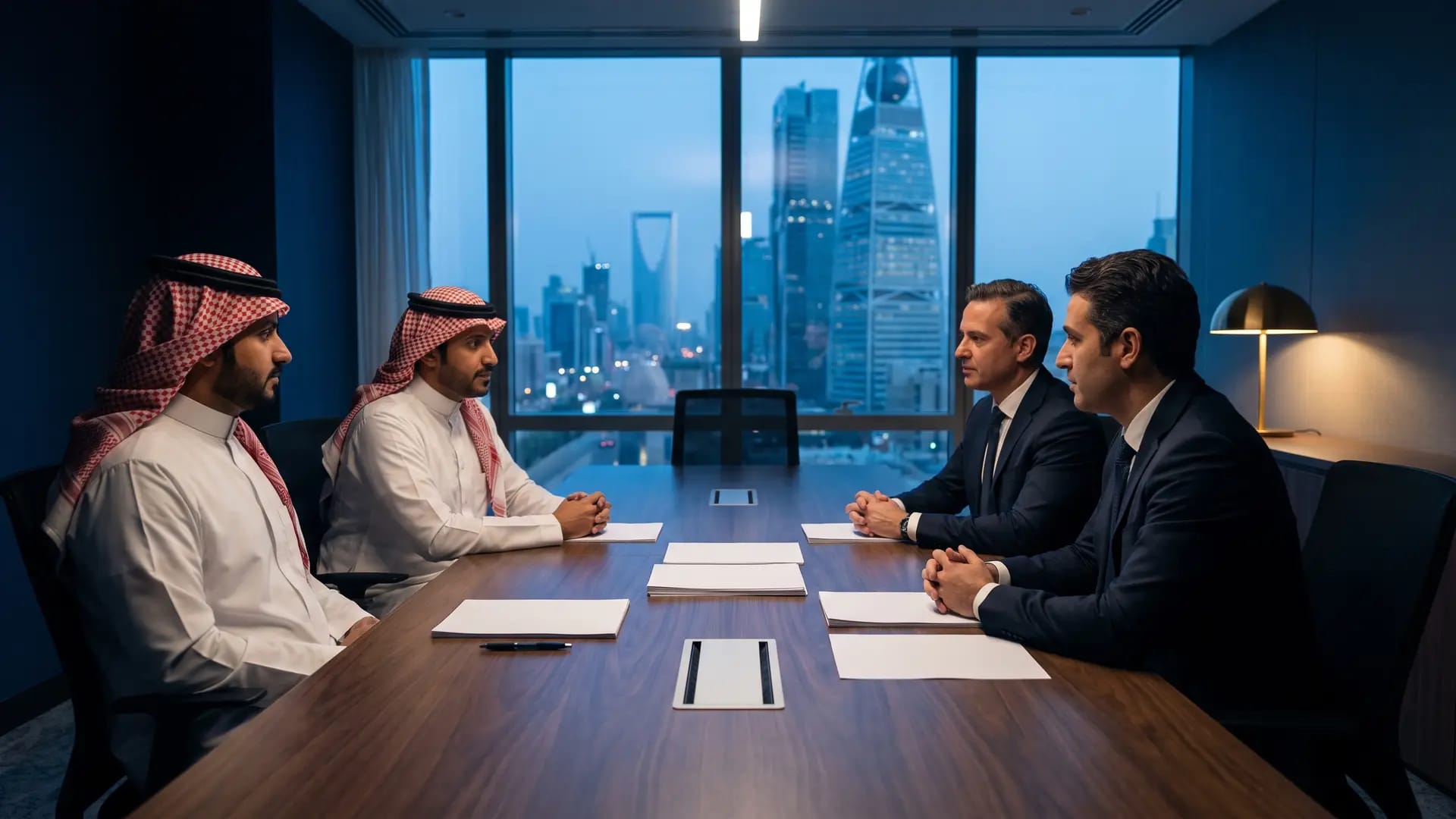 Four people negotiating across a long walnut table in a Riyadh boardroom with blank documents between them and the city skyline at dusk behind