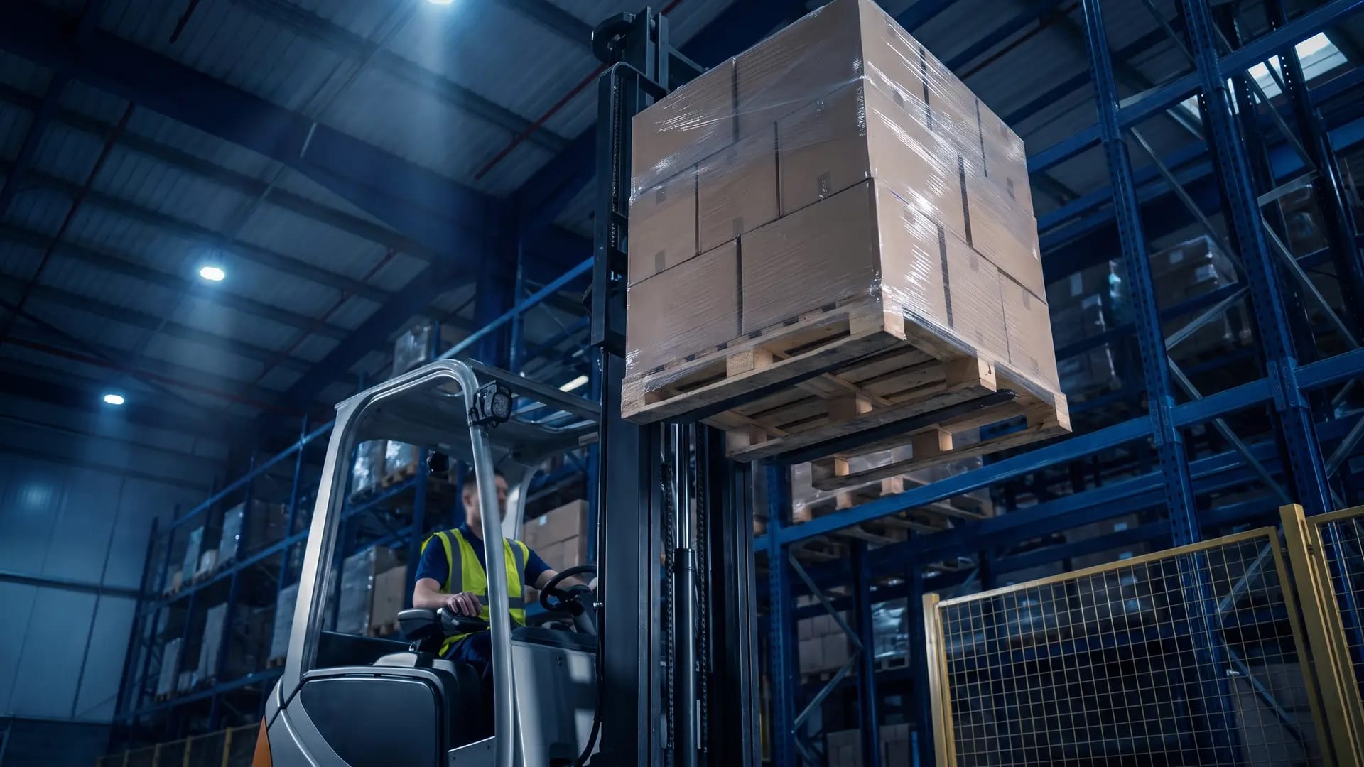 A forklift raising a shrink-wrapped pallet of plain cartons into an upper rack bay under high-bay warehouse lighting