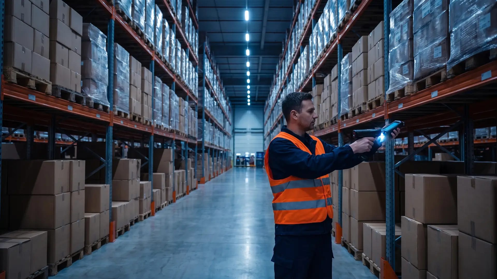 A warehouse operative in a safety vest scanning a rack location with a rugged handheld barcode terminal in a tall-racking distribution centre