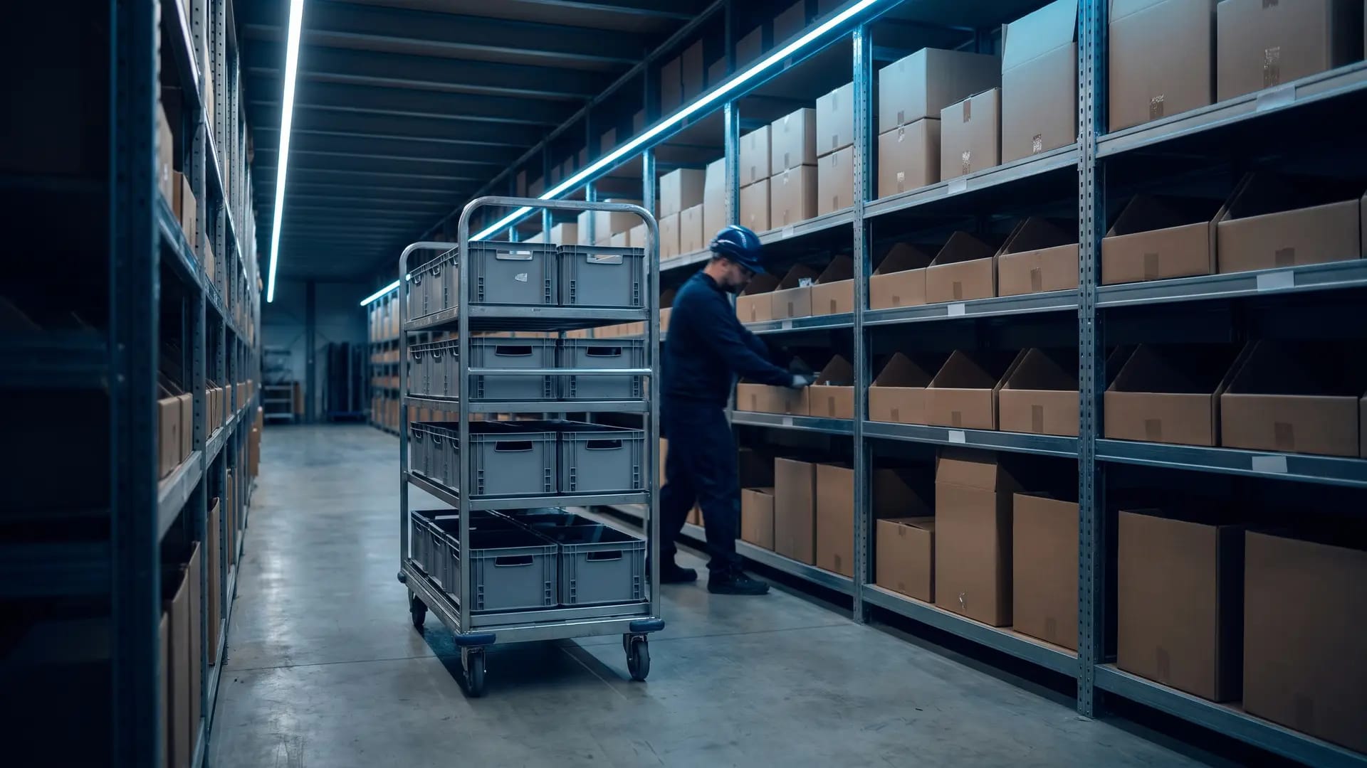 A multi-tier picking trolley loaded with grey totes parked in a shelving aisle while a worker picks from a bay