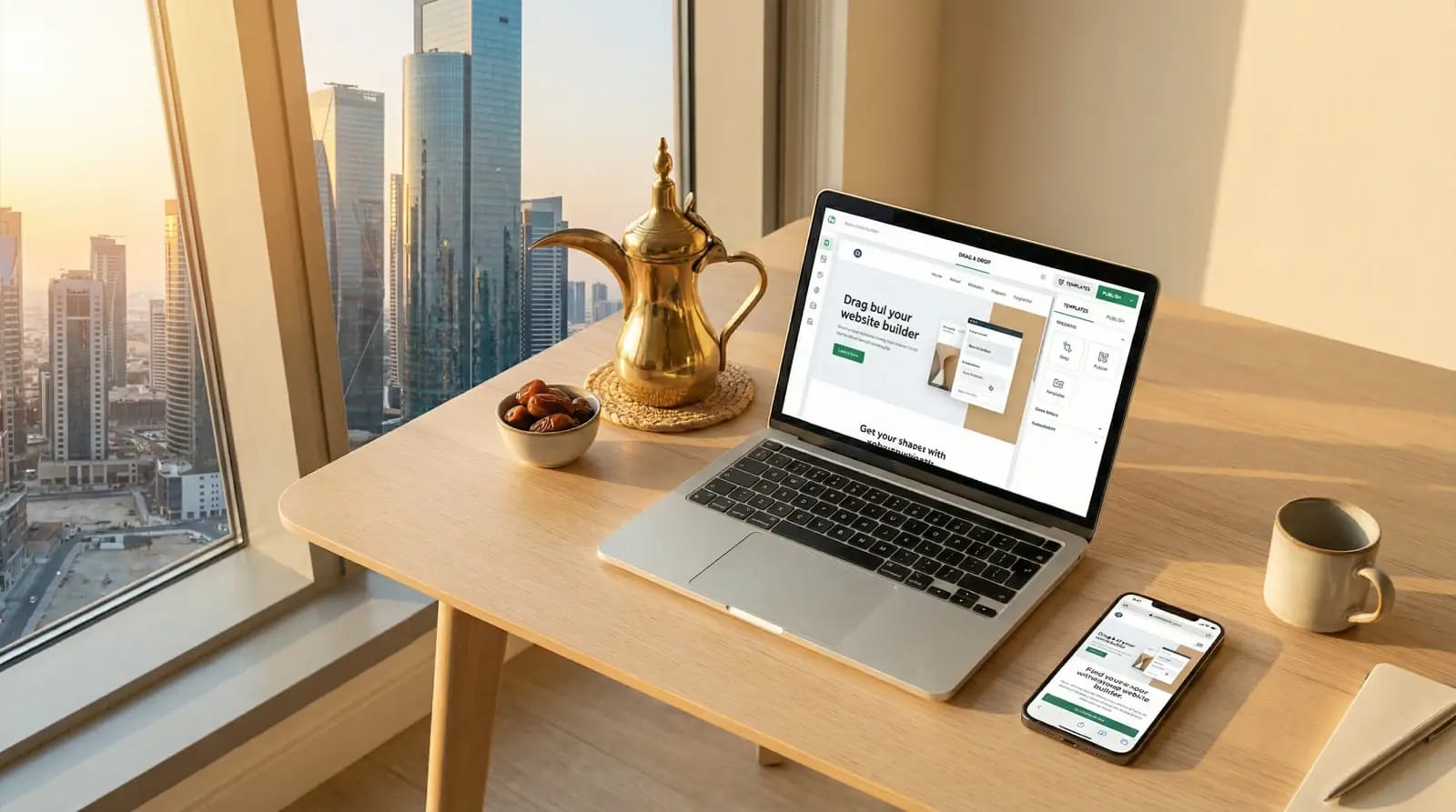 Laptop showing a website builder dashboard on a desk in a modern Saudi office overlooking Riyadh