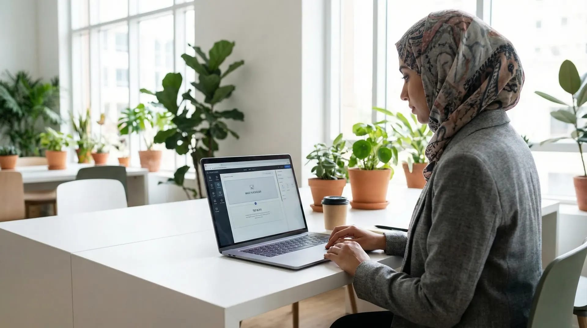 Entrepreneur customizing a website template with a drag-and-drop editor in a modern workspace