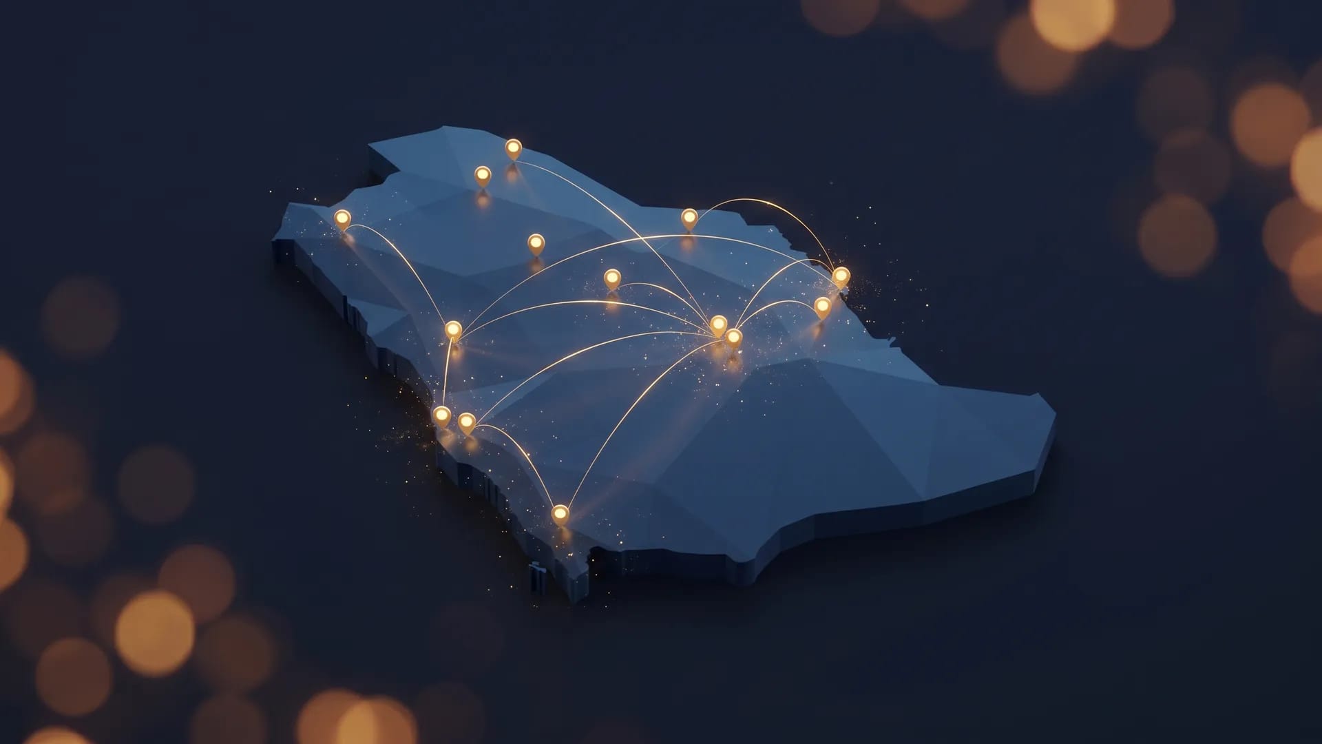 Isometric map of Saudi Arabia with glowing pins representing a multi-branch coffee chain network