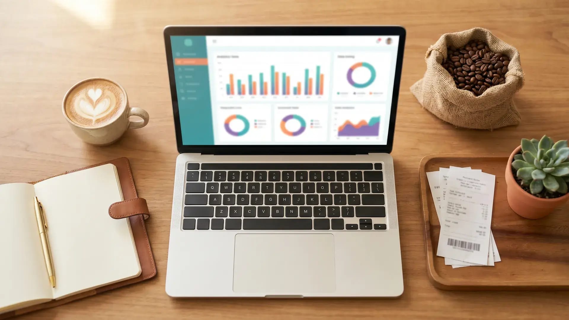 Laptop showing generic analytics dashboard on a warm wood desk beside a latte and coffee beans