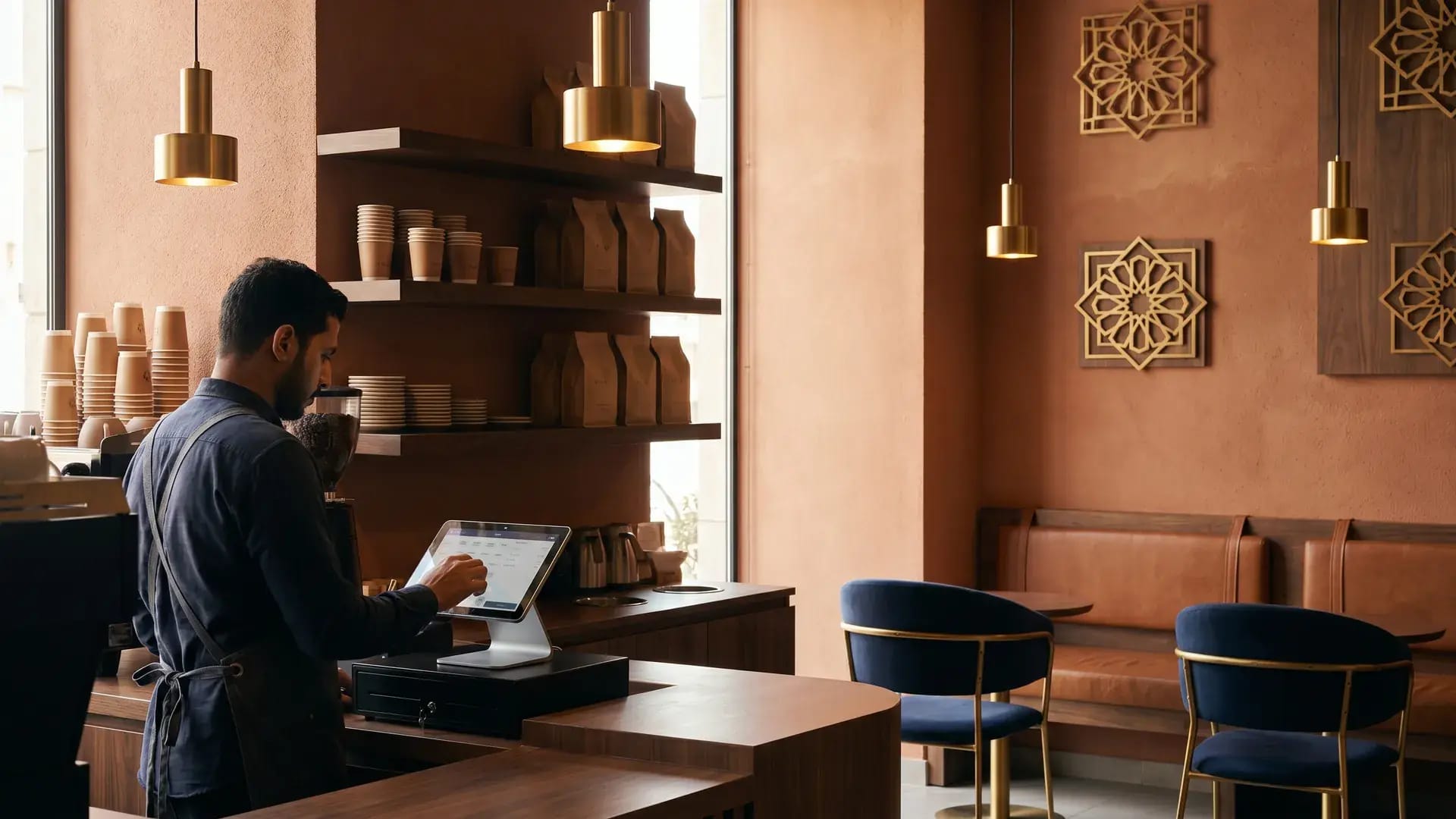 Modern Saudi specialty coffee shop interior with barista at tablet POS and warm brass pendant lighting