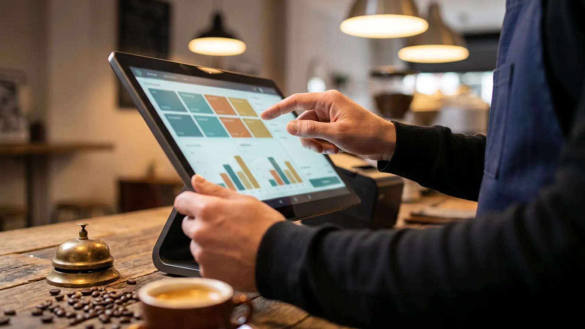Hands operating a tablet-based restaurant point-of-sale system at a cafe counter