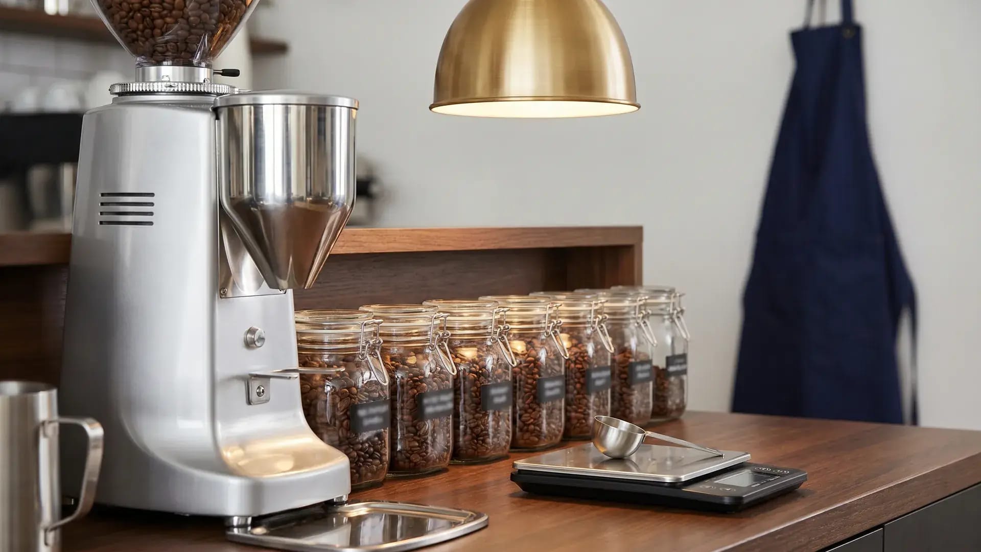 Commercial coffee grinder, precisely labeled bean jars, and a digital scale — representing disciplined inventory tracking
