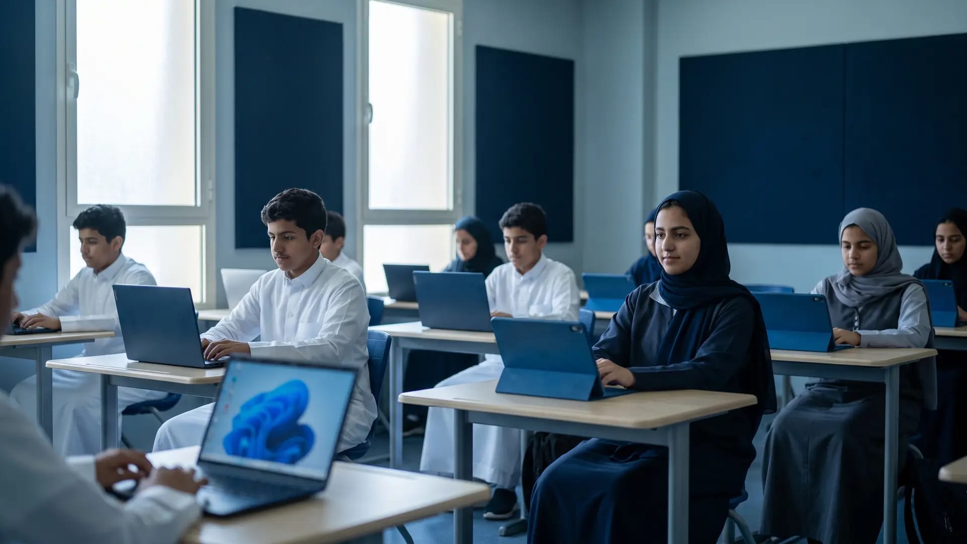 Secondary school students in a bright Saudi classroom working on laptops and tablets at pale wood desks