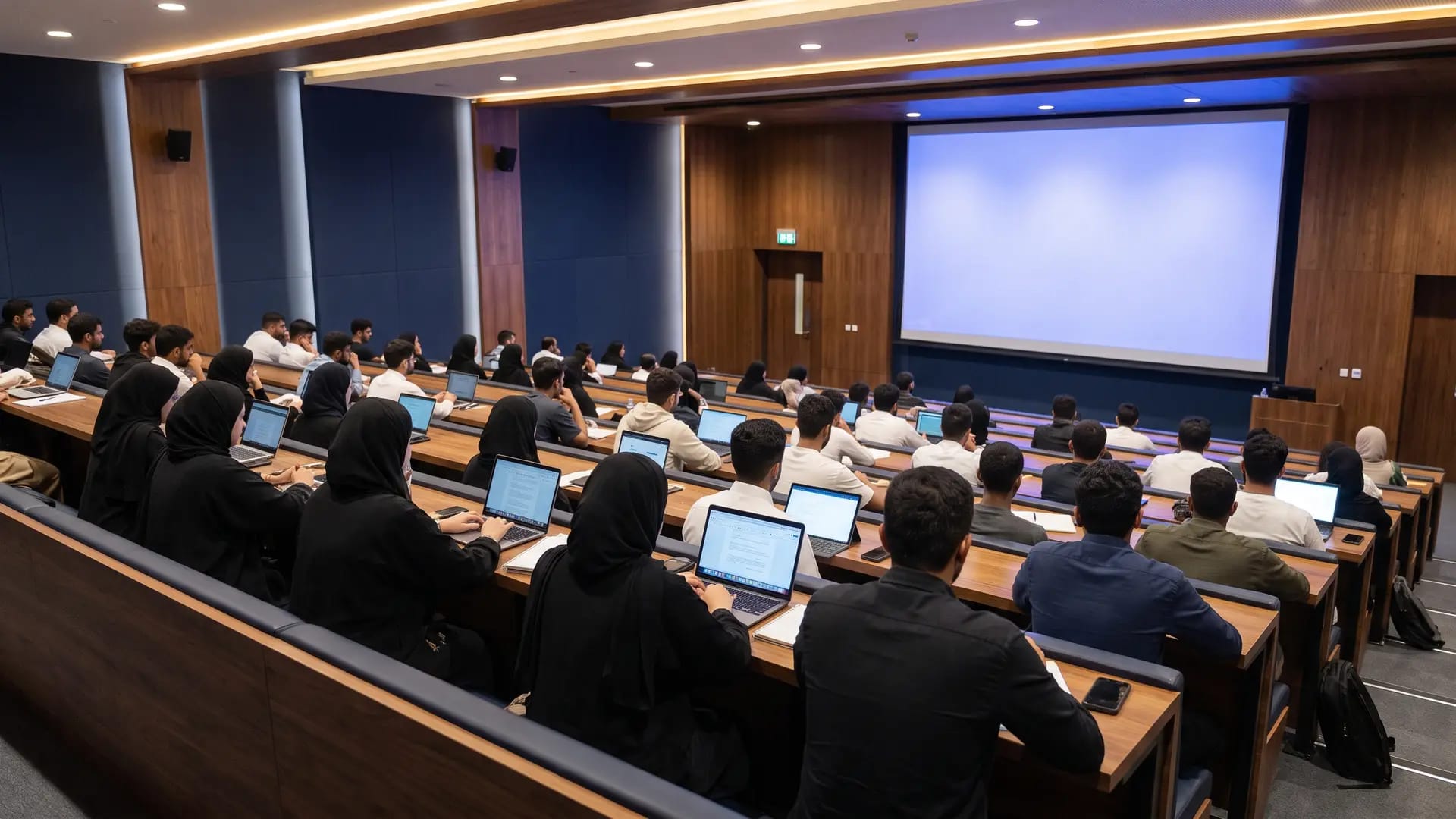 Students seated with laptops in a tiered university lecture hall with a large blank blue projection screen at the front