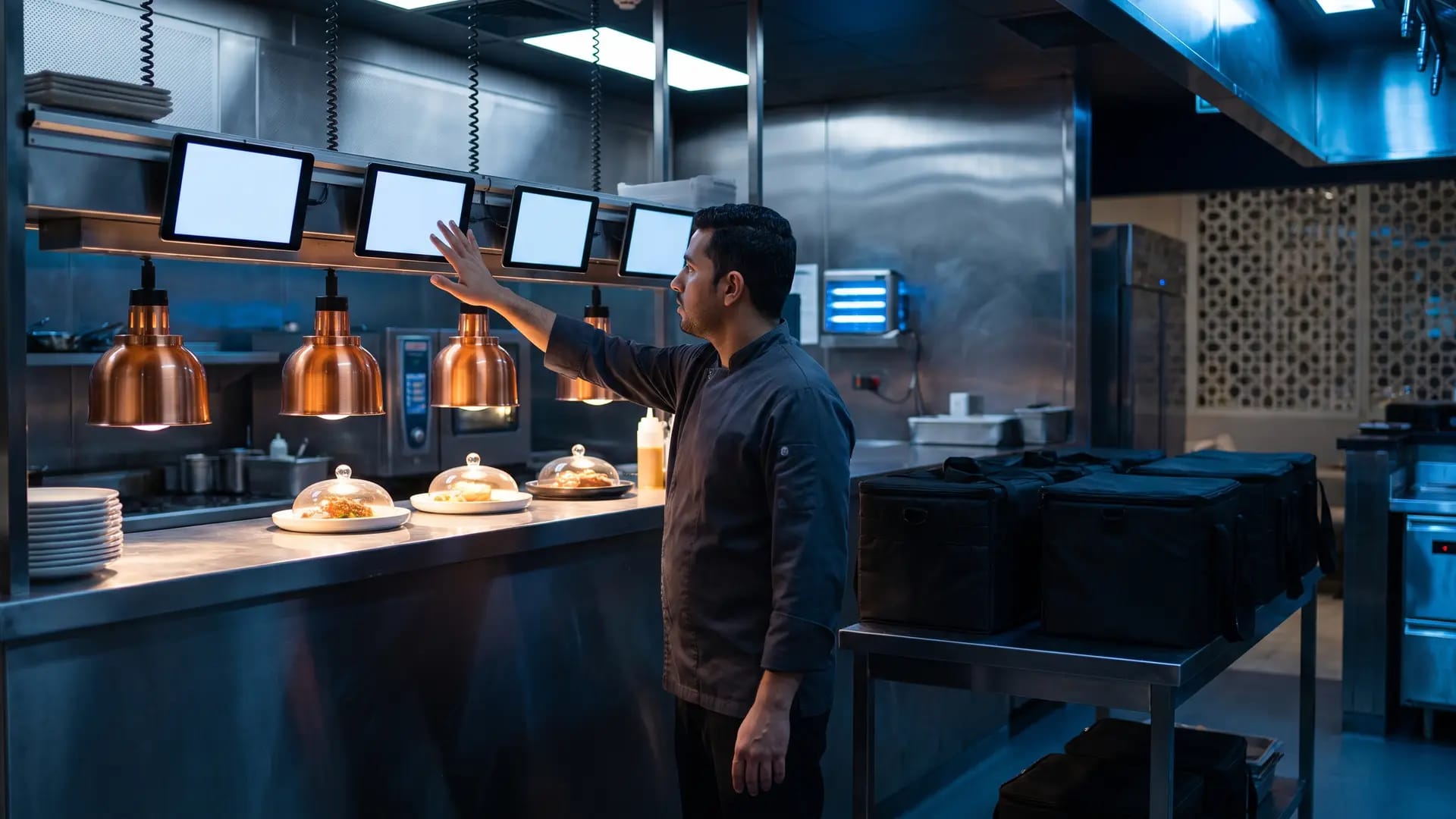 An expediter at a restaurant kitchen pass in Saudi Arabia reaching toward a rail of mounted order screens beside stacked insulated delivery bags