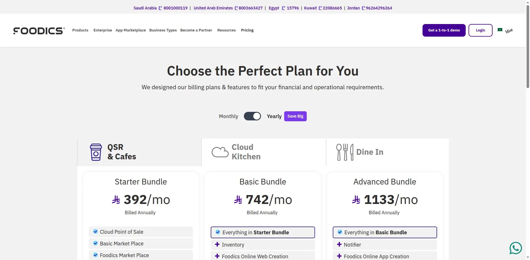 Foodics pricing page showing the three subscription tiers with monthly rates in Saudi Riyals