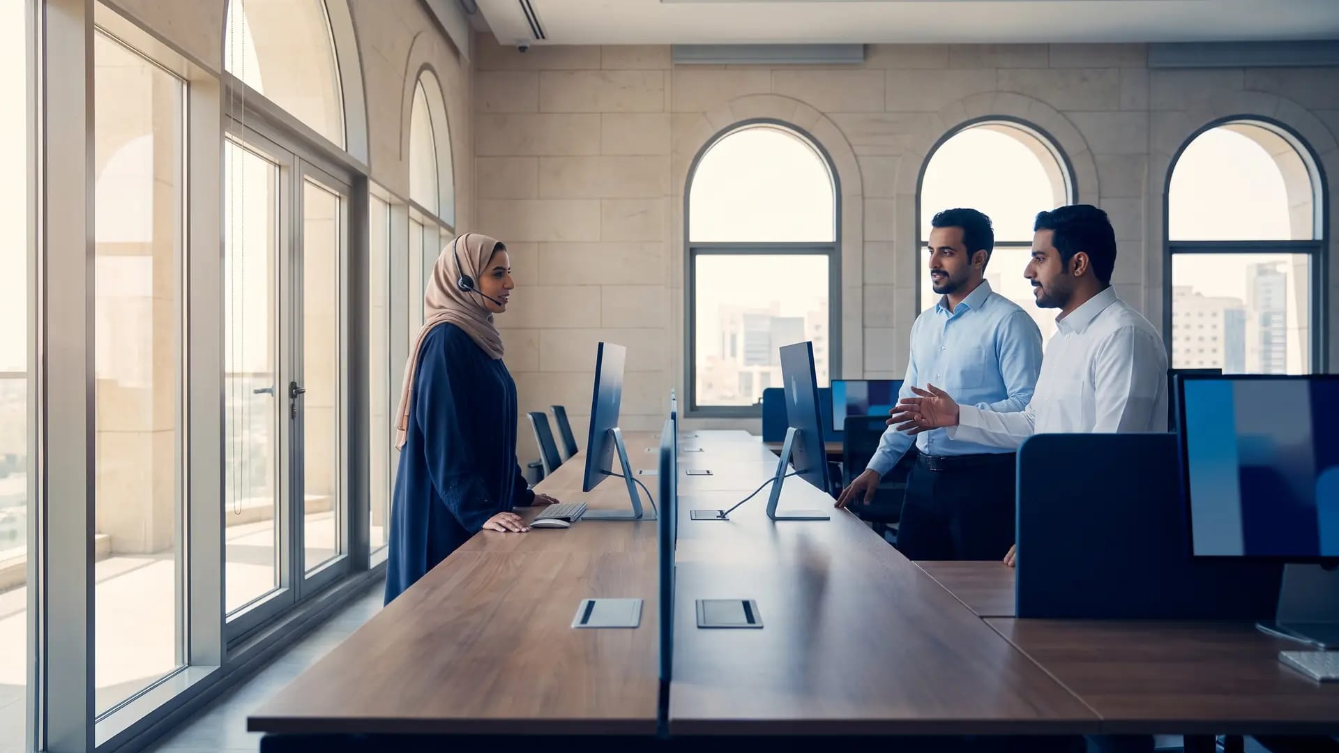 A Saudi customer support and sales team collaborating at a shared desk in a Riyadh office with arched windows