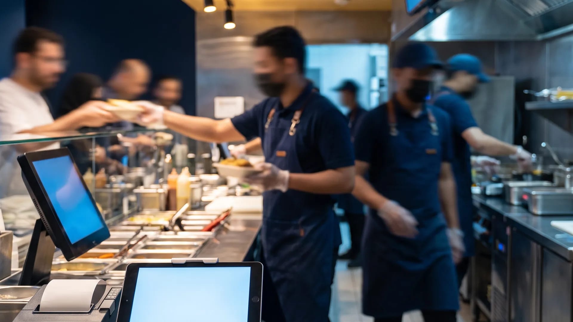 A busy quick-service restaurant counter in Saudi Arabia with a tablet POS, card reader and receipt printer during service