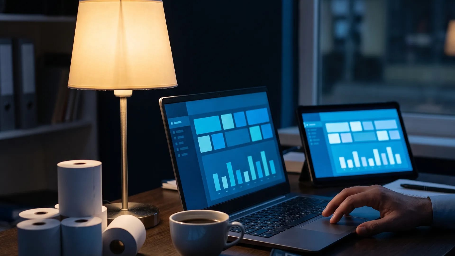 A restaurant owner reviewing settlement and sales dashboards on a laptop and tablet in a dimly lit back office at night