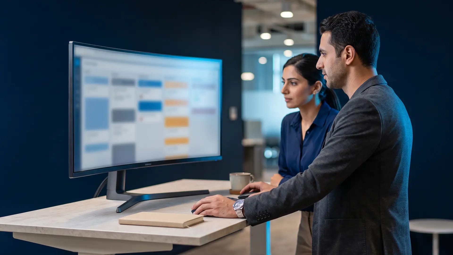 Two sales colleagues at a standing desk reviewing a deal pipeline on a wide monitor in a navy-toned office