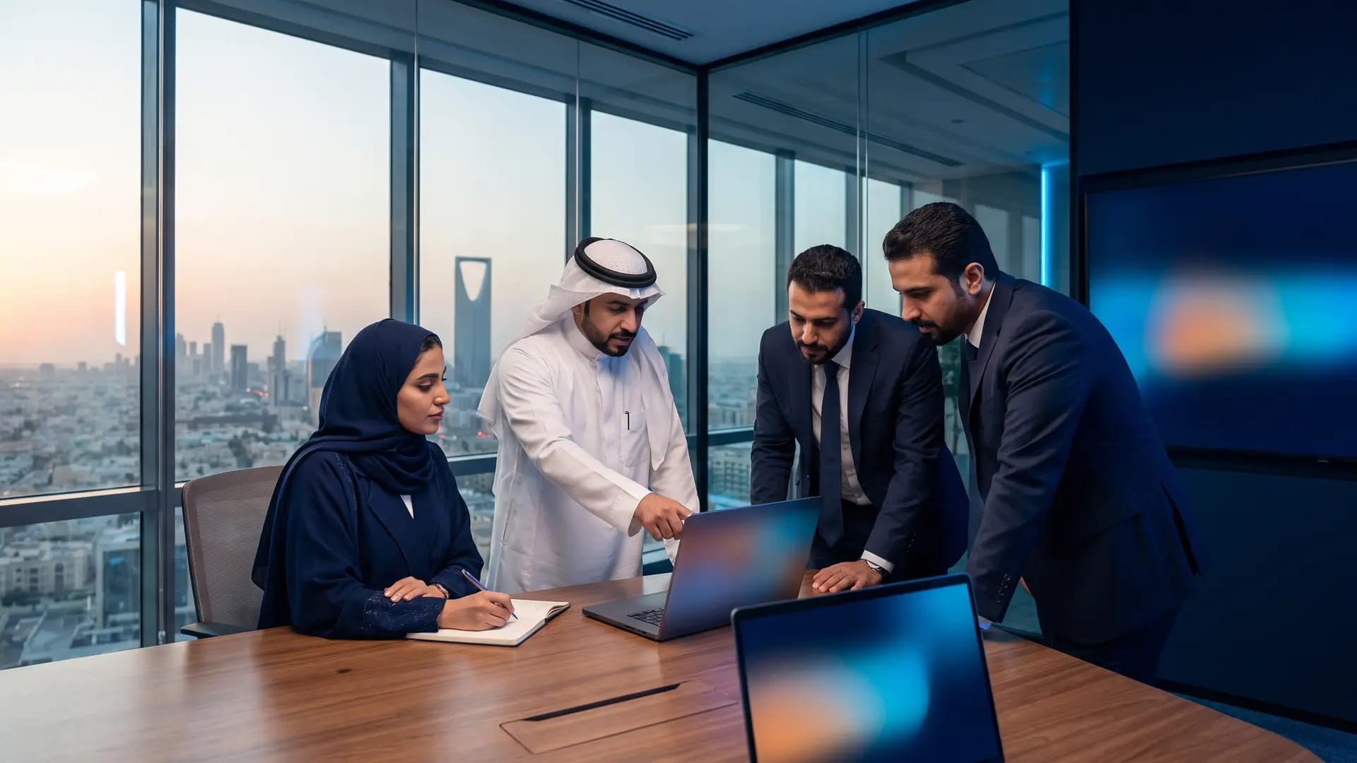 A Saudi sales and marketing team reviewing pipeline figures on a laptop in a glass-walled Riyadh office at dusk