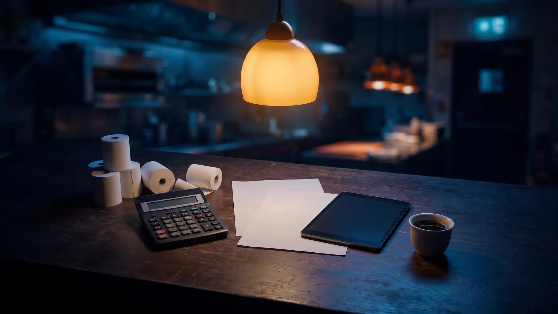 A calculator, blank receipt rolls, blank statements, a tablet and Arabic coffee on a dark restaurant back-office desk under a single pendant lamp