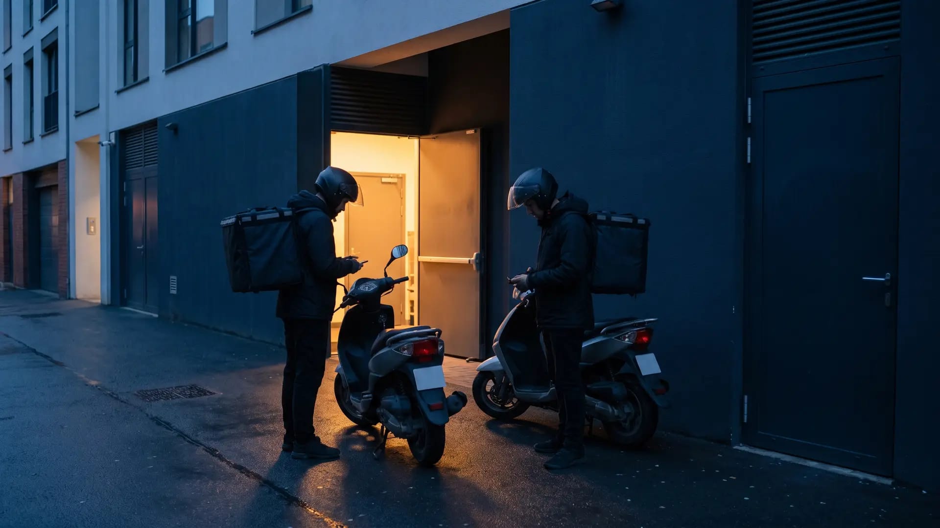 Two delivery riders with plain insulated backpacks waiting beside their scooters at the rear service door of a Saudi restaurant at blue hour
