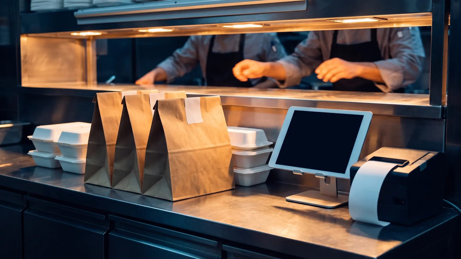 A restaurant kitchen pass with sealed kraft takeaway bags, blank containers, a tablet on a stand and a thermal ticket printer under warm heat lamps