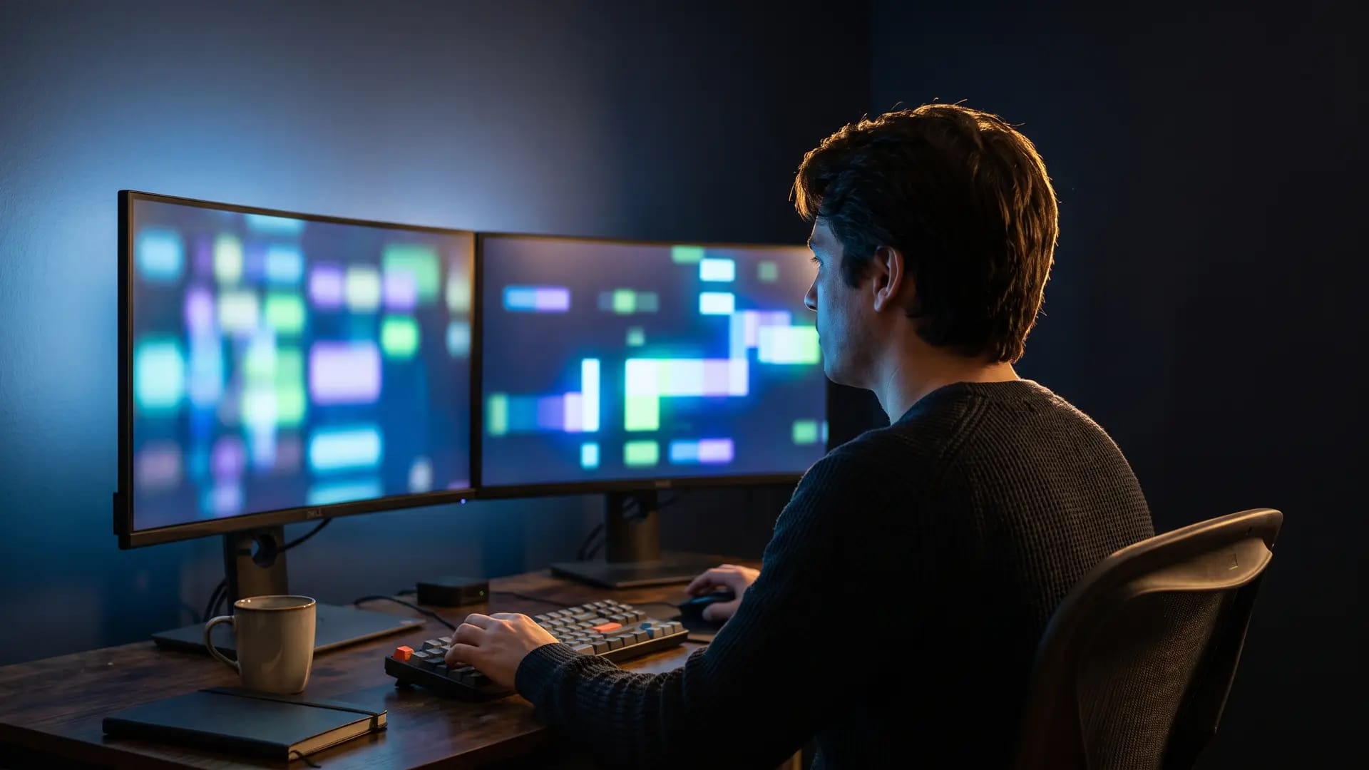 A software developer working at a dark desk with two monitors showing abstract dashboard and code interfaces