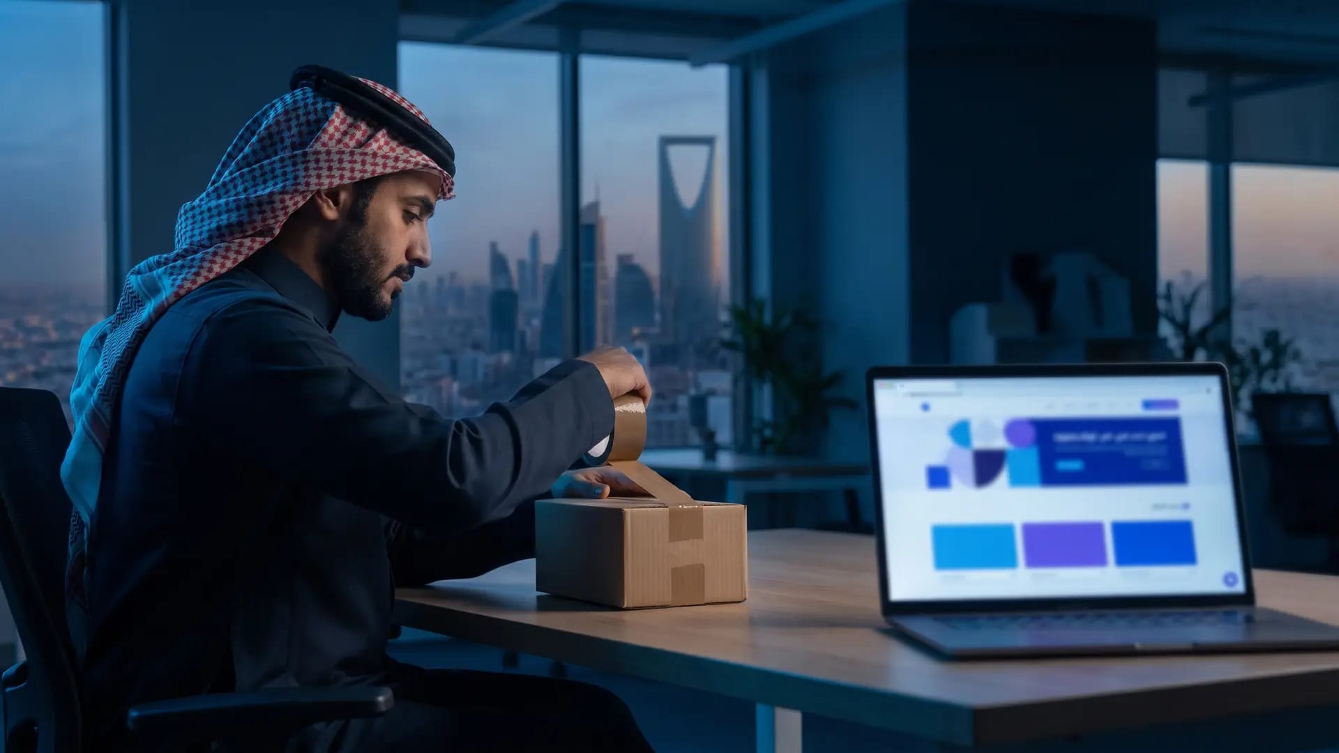 A Saudi e-commerce business owner packing an online order beside a laptop in a Riyadh office at dusk