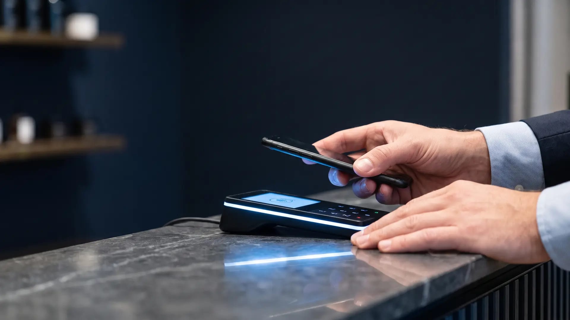 A customer holding a smartphone above a contactless card terminal on a dark stone counter in a premium Gulf retail store