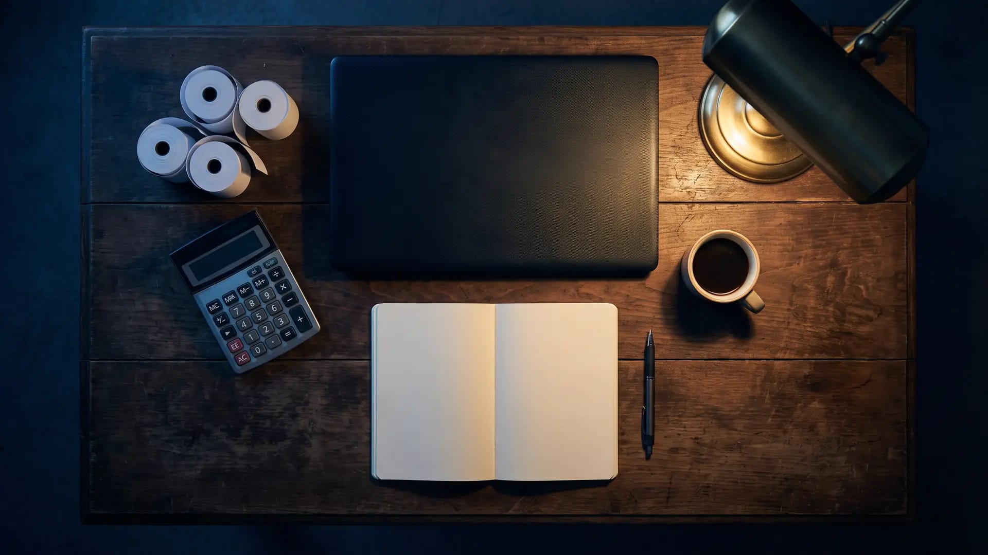 A calculator, blank receipt rolls, a notebook and Arabic coffee on a restaurant back-office desk under a single lamp